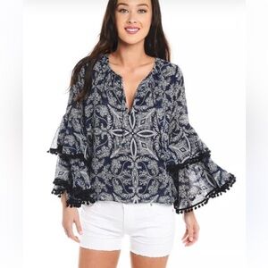 Misa Los Angeles Maya Blue Pom Pom Tiered Bell Sleeve Peasant Top Small XS Women